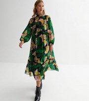 New Look Green Floral High Neck Long Sleeve Chiffon Midi Dress